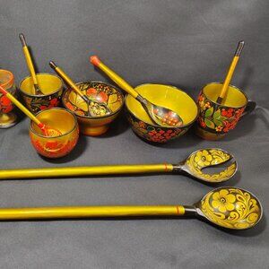 Vintage Russian Spoon Khokhloma Folk Art Hand Painted Lacquered Wooden Soviet